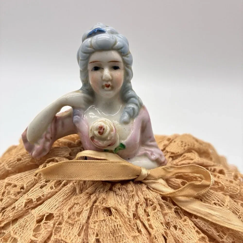 Vintage German porcelain half doll needle and pin cushion with lace dress 8
